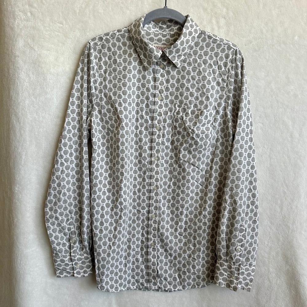 Merona Grey White Hot Air Balloon Novelty Print Button Down Shirt Blouse Medium